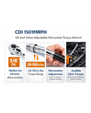 CDI 1501MRPH 1/4" Drive Micrometer Torque Wrench 20-150 in-lb Adjustable