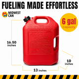 Midwest Can 6610 6 Gallon Gas Can Auto Shut Off Quick Flow Spout EPA CARB Red