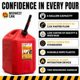 2x Midwest Can 6610 6 Gallon Gas Can Auto Shut Off Quick Flow Spout EPA CARB Red