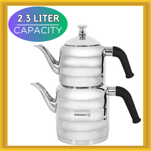 Korkmaz Mina Maxi Stainless Steel 1.1 Liter Tea Pot and 2.0 Liter Kettle Set